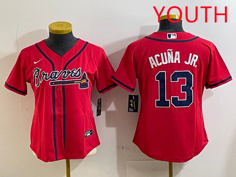 Youth Atlanta Braves 13 Acuna jr Red Game 2025 Nike MLB Jersey style 1